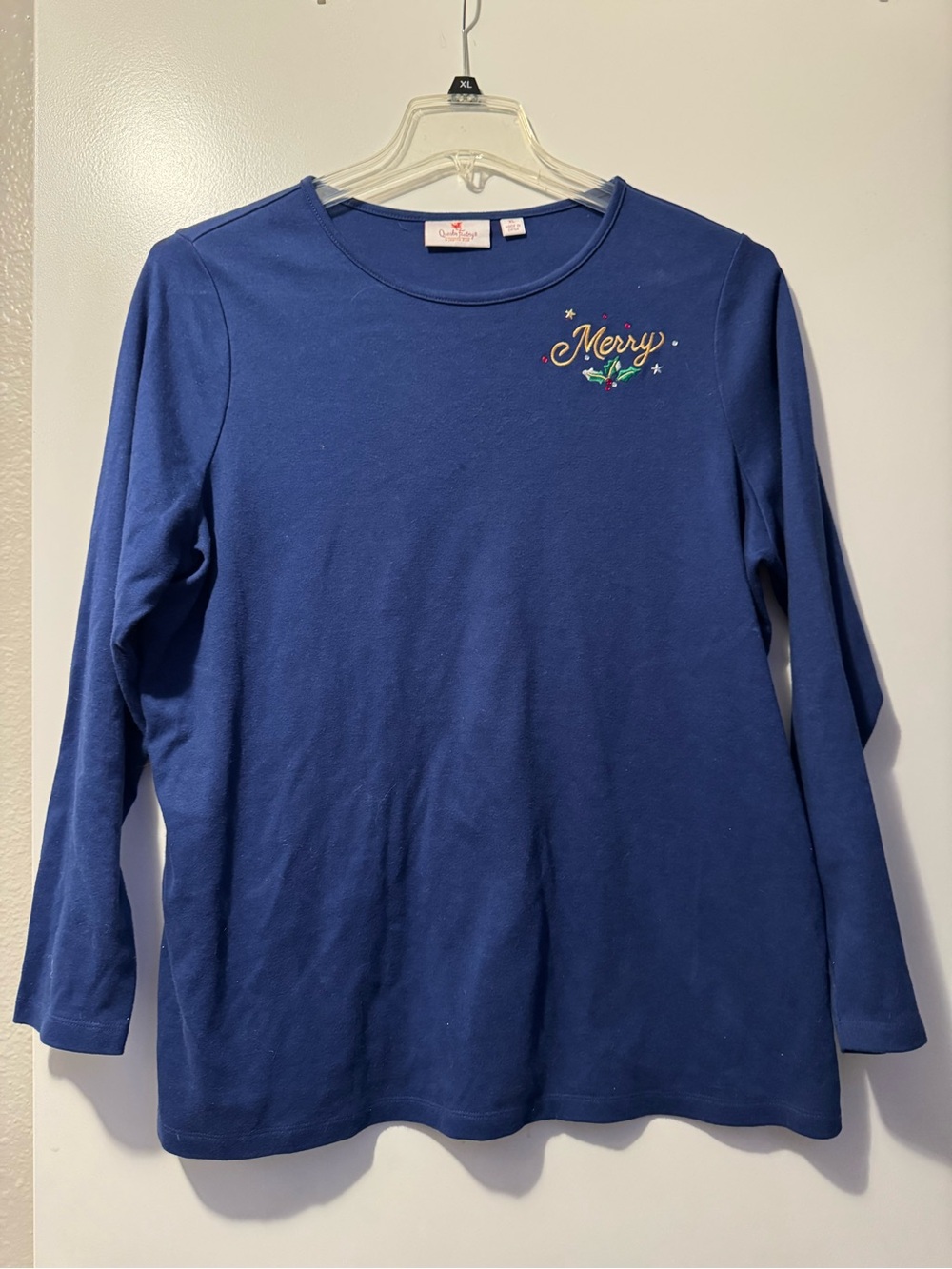 Quacker Factory Navy Long-Sleeve 'Merry' Embroidered Tee